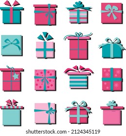 colored icons set of gift boxes with shadows on white background