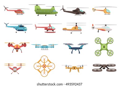 Colored icons set of military and civilian helicopters and various modifications of drone on white background isolated vector illustration   