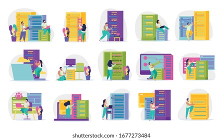 Colored icons set with system administrators at work in server room isolated on white background vector illustration