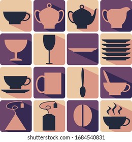 colored icons set. tea and coffee utensils with shadows