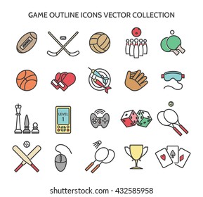 Colored icons of sports equipment and computer games. Vector collection
