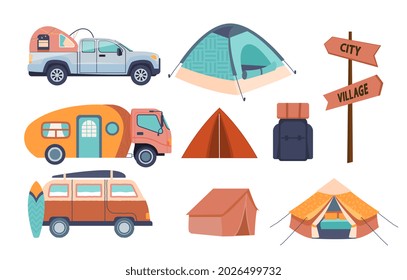 Colored icons of things for camp. Several cars, as well as tent and signpost. Icons for site. Graphic elements for compositions. Cartoon flat vector illustrations isolated on white background