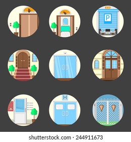 Colored icons vector collection of entrance doors. Set of colored round flat vector icons for doors in different places on black background.