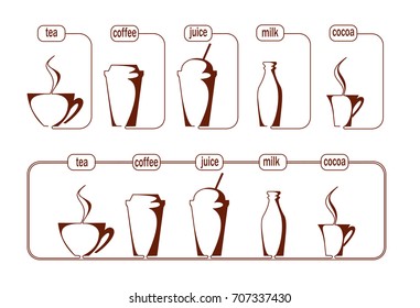colored icons-coffee, tea, juice, milk, cocoa for packaging labels stickers