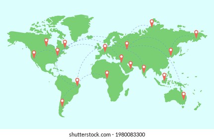 Colored illustrated map of the world with continents and navigator pin red mock up. Connecting global travel technology location icon, Destination points. Aviation routes concept