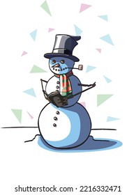 Colored illustrated snowman holding a hymnal standing in snow.