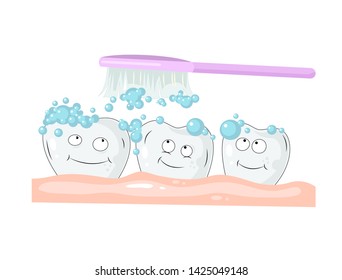 Colored illustration about health and tooth care. White toothed cleaning with toothpaste and pink toothbrush. Great illustration for healthcare design.