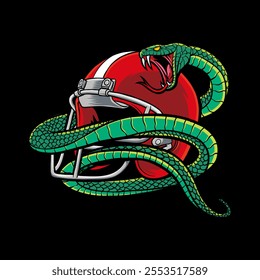 Colored illustration of an American football helmet wrapped around a snake