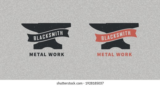 Colored Illustration Of Anvil, Ribbon, Text On A Background With Texture. Vector Illustration With Grunge Texture For Emblem, Badge, Poster, Label. Forge Symbol. Metal Works.