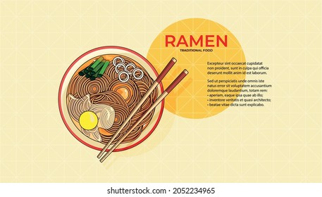 Colored illustration of Asian Noodle. Example of menu. Recipes of traditional food