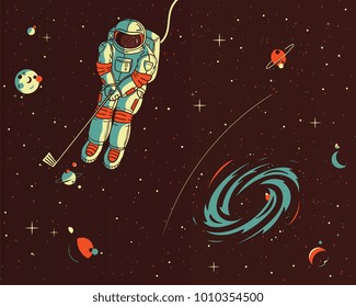 It's a colored illustration of an astronaut playing golf into the space with planets