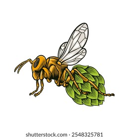 Ilustración coloreada de abejas y lúpulo