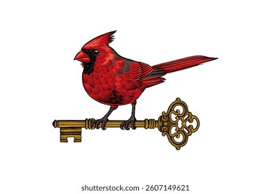 colored illustration of a bird with a vintage key