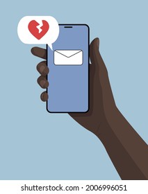 Colored illustration. Black male hand with smartphone message and speech bubble. Brake up message. The end of the relationship. Broken heart. Isometric illustration on blue background.