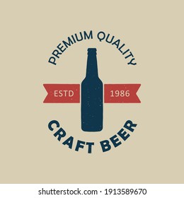 Colored illustration bottle, ribbon, text on the background. Vector illustration in vintage style for poster, banner, emblem, signboard. Craft beer advertisement. Brewery symbol.