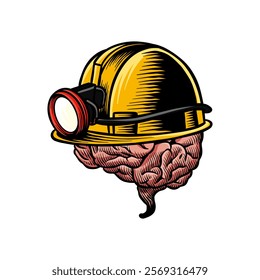 colored illustration of a brain wearing a mining helmet