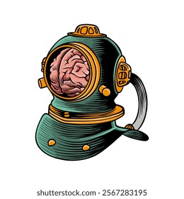 colored illustration of a brain wearing an old wetsuit