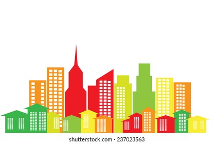 Colored illustration of buildings and houses symbolizing energy efficient cities