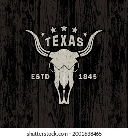 Colored illustration of a bull skull, text and stars on a background with a wood texture. Design element for print, emblem, label, sticker. Vector illustration. Heraldry of Texas.