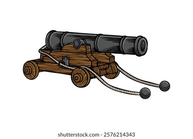 Colored illustration of cannon in vintage style