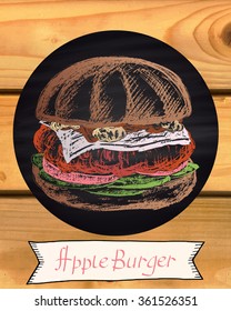  Colored illustration of chalk drawn apple burger with turkey cutlet on wooden background. Burger menu collection. Fast food theme.