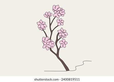 Colored illustration of cherry blossoms. Cherry blossom one-line drawing