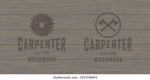 Colored illustration of a circular saw, axes, text on a background with a wooden texture. Vector illustration for emblem, label, badge. Advertising of carpenter services. Carpentry workshop. Woodwork.