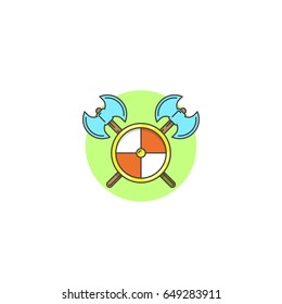Colored illustration of crossed axes and shield