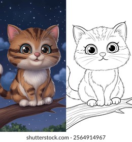 a colored illustration of a cute and friendly cat with big round eyes and soft fur, sitting on a branch under a night sky filled with stars. 