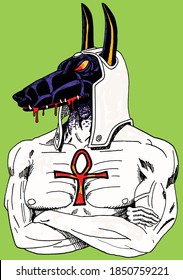 Colored illustration depicting the Egyptian god Anubis in his anthropomorphic version of man with a wolf head, in comics style. Vector illustration.