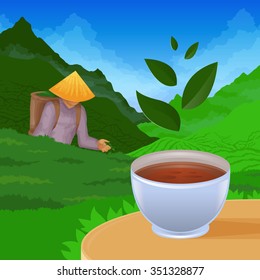 colored illustration depicting tea pickers on the background of nature and tea plantations in the foreground cup of tea on the table