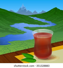 colored illustration depicting tea pickers on the background of nature and tea plantations in the foreground cup of tea on the table