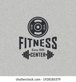 Colored illustration of a disc barbell, dumbbell, text on a background with a texture. Vector illustration with grunge texture for emblem, poster, label, badge. Fitness center advertisement.