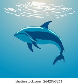 Ilustração colorida de um golfinho em um fundo azul. Ilustração vetorial para decorar seus projetos no estilo de poder fabuloso e beleza da natureza
