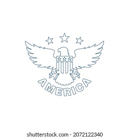 Colored illustration of an eagle, stars and text on a white background. Design element for poster, emblem, print, sticker and label. Vector illustration. Symbols of the USA.