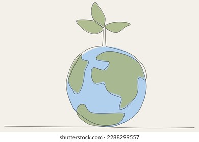 Colored illustration of the earth and a green tree. World environment day one-line drawing