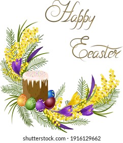 Ilustración de color con saludos de Pascua. Pastel de Pascua y huevos coloridos en la ilustración del vector de color aislados en fondo blanco.