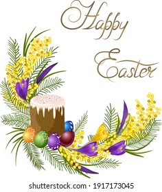 Colored illustration with Easter greetings.Easter cake and colorful eggs in color vector illustration isolated on white background.