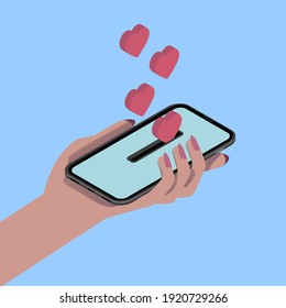 Colored illustration. Female hand with smartphone and hearts. Isometric on blue background. Money box for hearts. Piggy bank in the phone