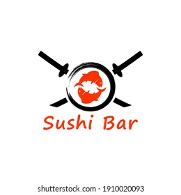 Farbige Abbildung von Fisch, Schwert, Kreis und Text auf dem Hintergrund. Vektorgrafik für Emblem, Abzeichen, Aufkleber und Label. Sushi-Bar-Werbung.