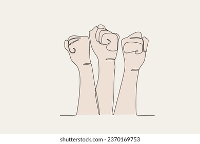 Colored illustration of fist hands fighting for equality. Human rights day one-line drawing