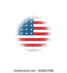 Colored illustration of a flag in a circle with a grunge texture on a white background. Design element for emblem, print, label, sticker and badge. Vector illustration. USA symbol.