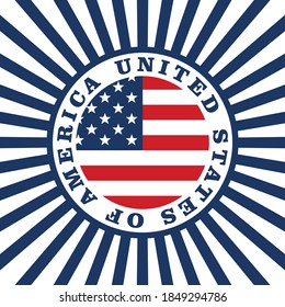 Ilustración coloreada de la bandera, los rayos, las estrellas sobre un fondo blanco. Ilustración vectorial para logotipo, emblema, pegatina. Bandera, símbolos de Estados Unidos.