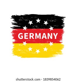 Ilustración coloreada de la bandera, las estrellas y el texto sobre un fondo blanco. Ilustración vectorial con textura gruesa para logotipo, emblema, impresión, pegatina. Bandera, símbolos de Alemania. Hecho en Alemania.