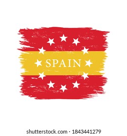 Colored illustration of flag, stars and text on a white background. Vector illustration with grunge texture for logo, emblem, print, sticker. Flag, symbol of Spain. Made in Spain.