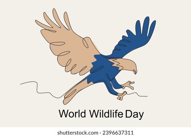 Colored illustration of a flying eagle. World Wildlife Day one-line drawing