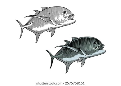 Colored illustration of Giant Trevally fish in engraving style