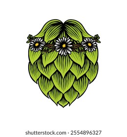 colored illustration of green hops combined with a flower crown