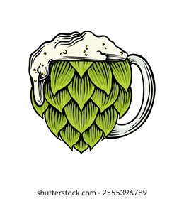 colored illustration of green hops combined with a glass of beer