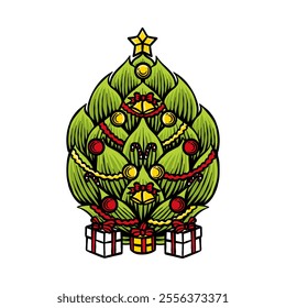 colored illustration of green hops combined with a christmas tree